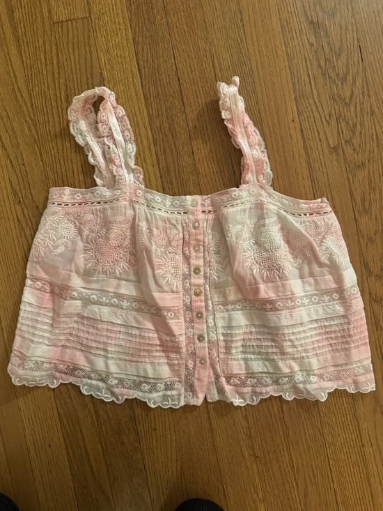 LoveShackFancy Tops - LoveShackFancy
Pink Lace Embroidered Cotton Crop Tank Top